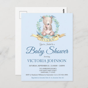 Carte Postale Aquarelle Ours Bleu Floral Boy Baby shower Invitat