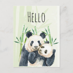 Carte Postale Aquarelle Panda Ours Maman & Bébé en Bambou Bonjou