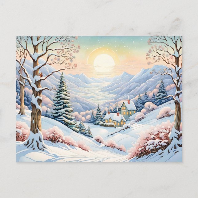 Carte Postale Aquarelle Pastel Paysage d'hiver ensoleillé (Devant)