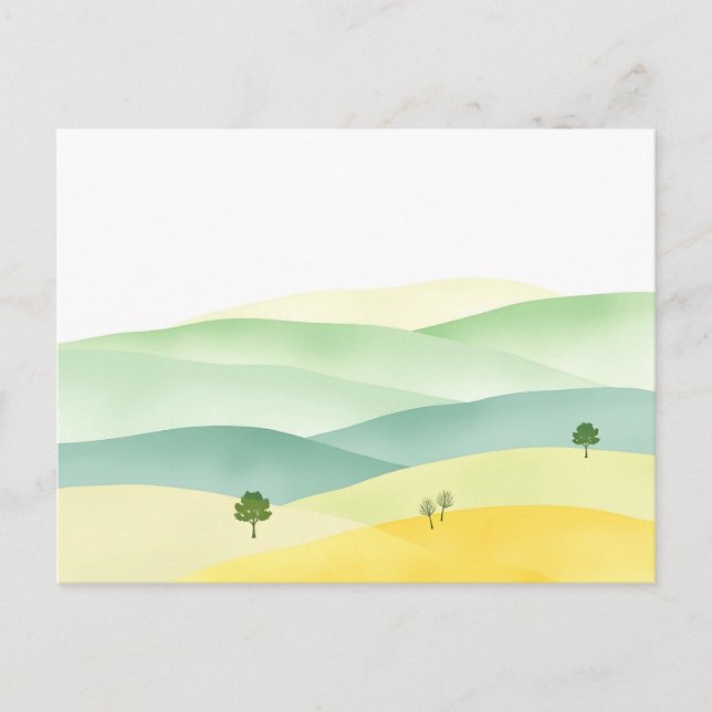 Carte Postale Aquarelle Pastel Rolling Hills avec Vert Muté (Devant)