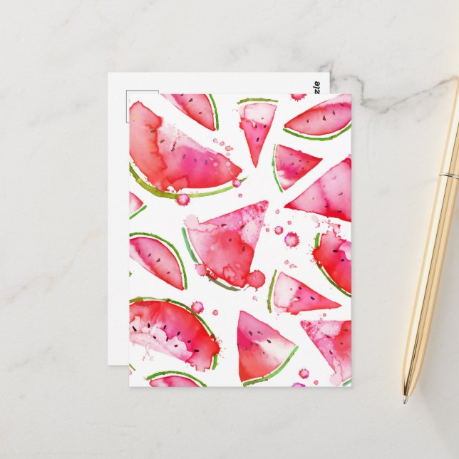 Carte Postale Aquarelle pastèque 1 (Devant/Arrière en situation)