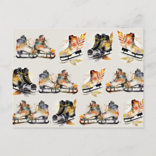 Carte Postale Aquarelle Patins à glace avec feuilles d'automne M