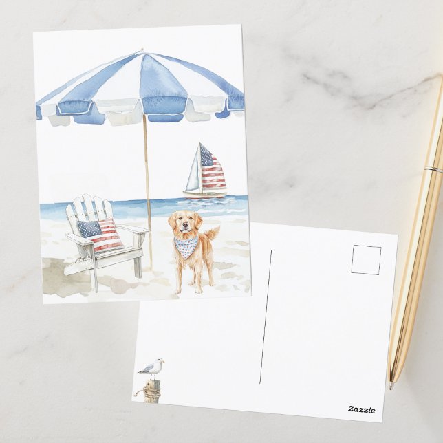 Carte Postale Aquarelle Patriotic Dog Americana Beach Scène (Créateur téléchargé)