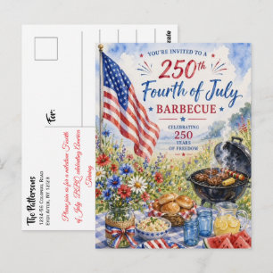 Carte Postale Aquarelle Patriotique 250 Ans Quatre Juillet BBQ 