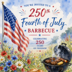 Carte Postale Aquarelle Patriotique 250 Ans Quatre Juillet BBQ