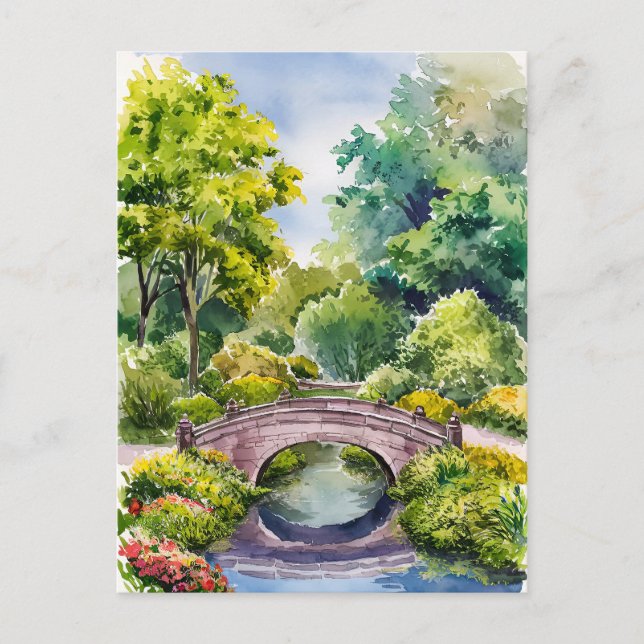 Carte Postale Aquarelle paysage vert pont jardin (Devant)