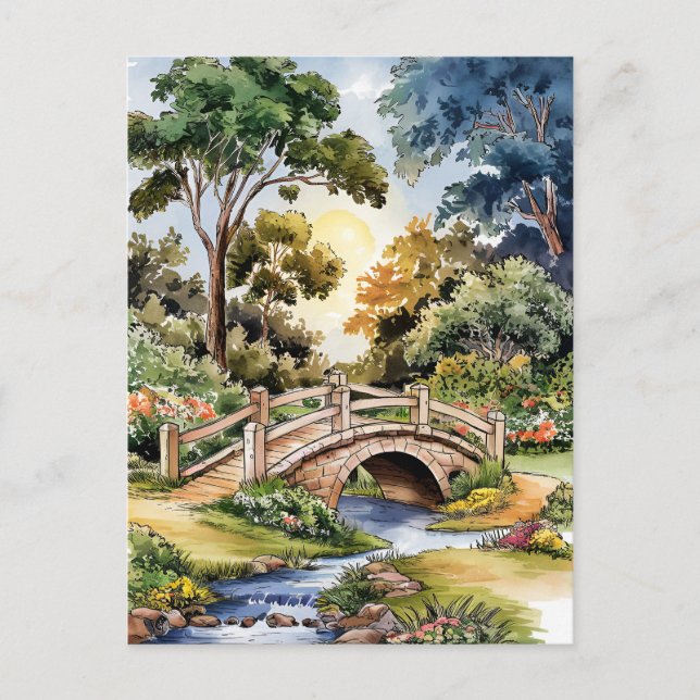 Carte Postale Aquarelle paysage vert pont jardin (Devant)