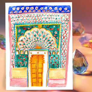 Carte Postale Aquarelle Peacock Door Jaipur City Palace rose