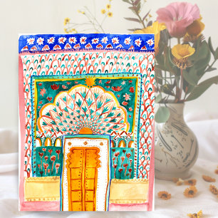 Carte Postale Aquarelle Peacock Door Jaipur City Palace rose