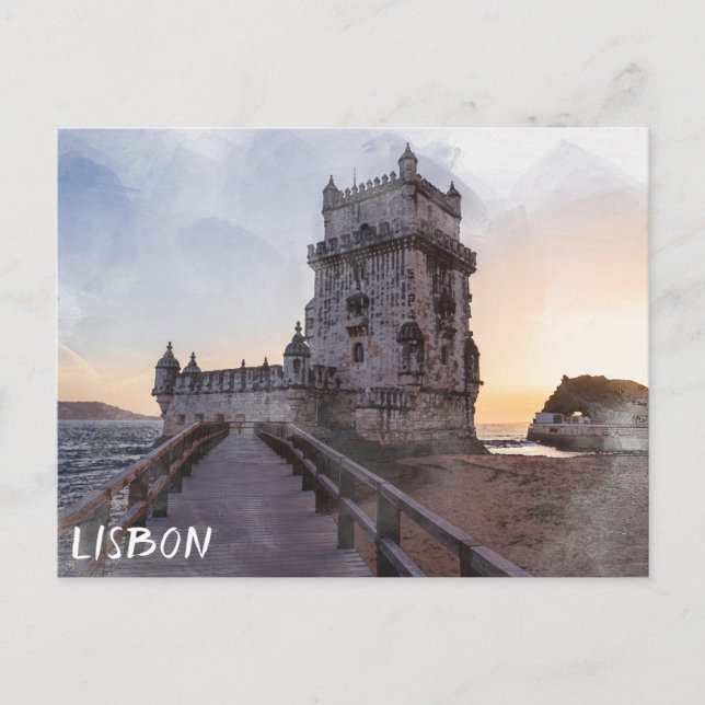 Carte Postale Aquarelle peinture de la tour de Belem au coucher  (Devant)