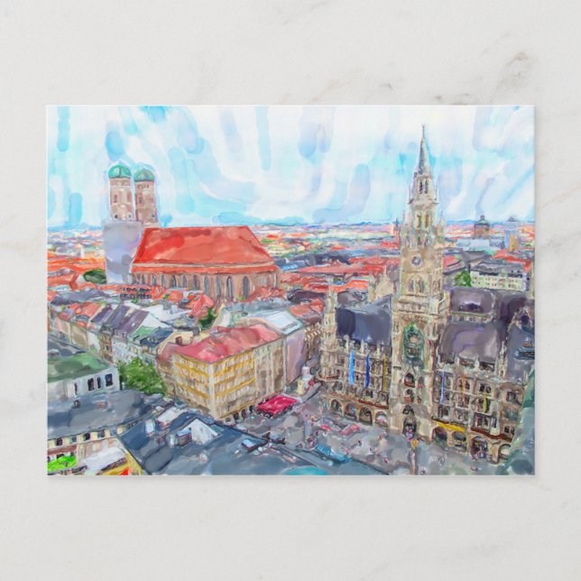 Carte Postale  Aquarelle peinture munich Marienplatz. Aérien. (Devant)