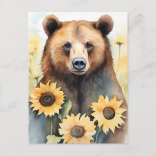Carte Postale Aquarelle Peinture Ours Brown Et Fleurs De Soleil