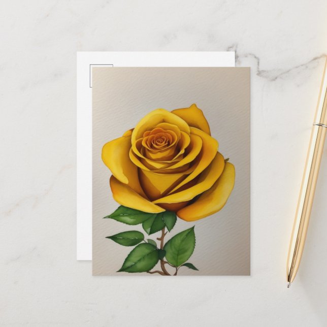 Carte Postale Aquarelle peinture rose jaune (Devant/Arrière en situation)