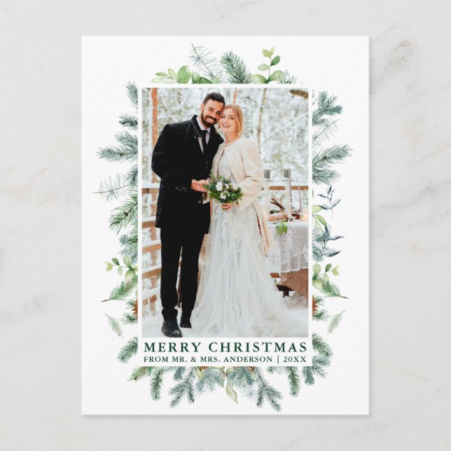 Carte Postale Aquarelle Pine Mariage photo Noël Vert (Devant)