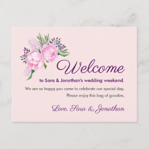 Carte Postale Aquarelle Pink Peonies   Bienvenue Mariage