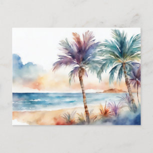Carte Postale Aquarelle Plage tropicale, Palmiers