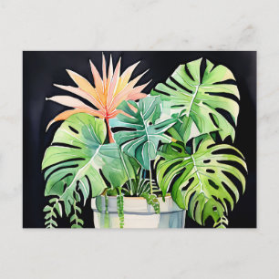 Carte Postale Aquarelle Poted Succulents et Feuilles Monstera