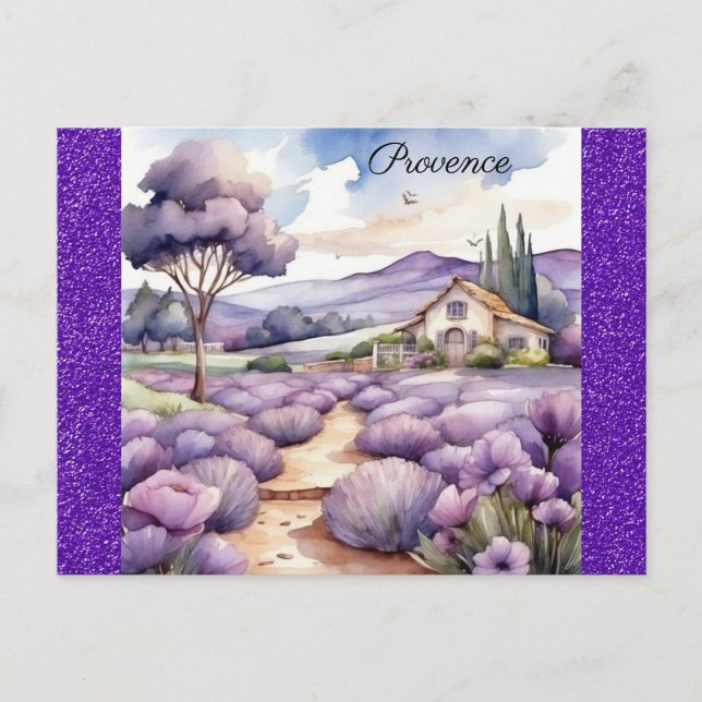 Carte Postale Aquarelle Provence France Français Lavande (Devant)