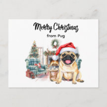 Carte postale aquarelle Pug Joyeux Noël