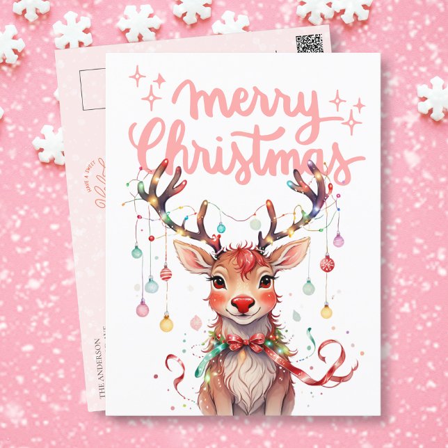 Carte Postale Aquarelle Reindeer Rudolph et feux de Noël (Créateur téléchargé)