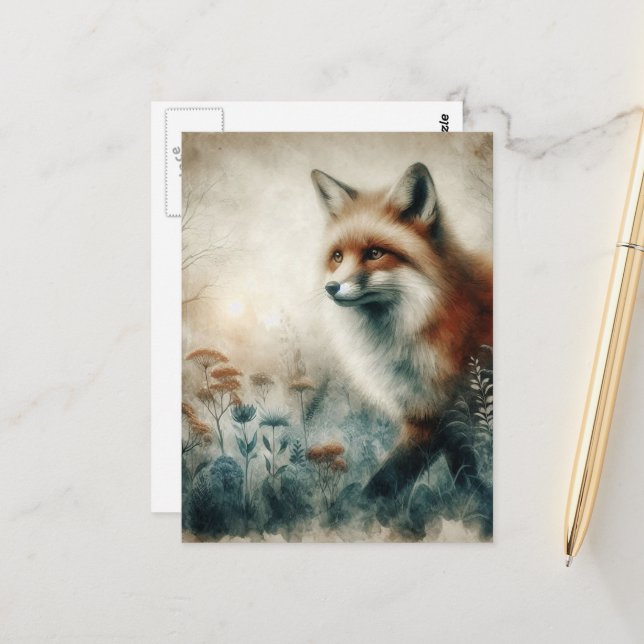 Carte Postale Aquarelle Renard Rouge Beau (Devant/Arrière en situation)