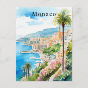 Carte Postale Aquarelle Rétro Voyage Méditerranée Monaco