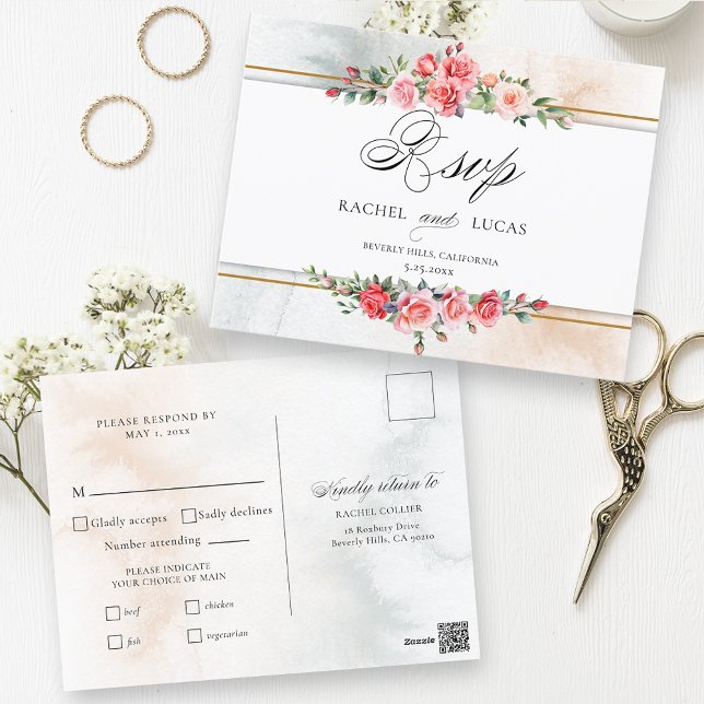 Carte Postale Aquarelle romantique Roses roses roses et calligra (Créateur téléchargé)