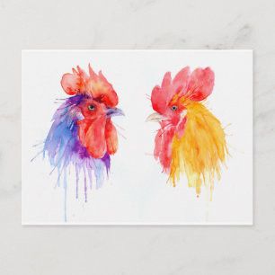 Carte Postale aquarelle Rooster Portrait deux costers