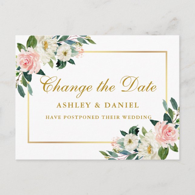 Carte Postale Aquarelle Rose Blanc Floral Or Changer La Date (Devant)