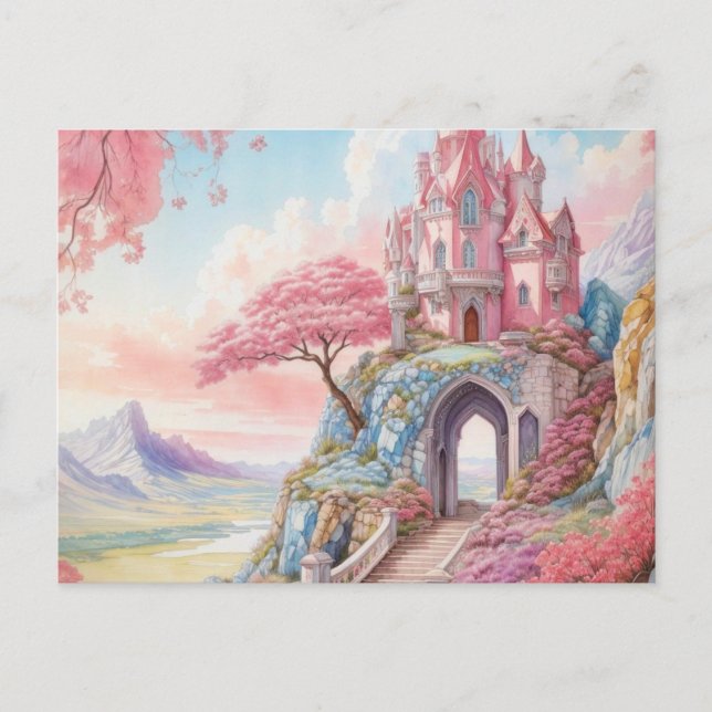 Carte Postale Aquarelle rose bleu Imaginaire Château (Devant)