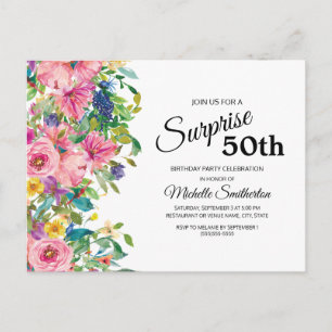 Carte Postale Aquarelle rose botanique bleu floral 50e anniversa