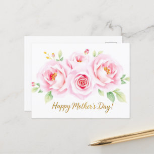 Carte Postale Aquarelle Rose Bouquet Fête des mères maman