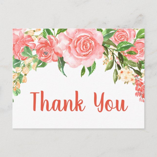 Carte Postale Aquarelle rose corail Roses Merci (Devant)