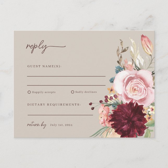 Carte Postale Aquarelle rose et jaune Mariage floral RSVP (Devant)