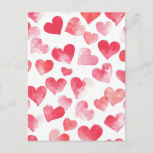 Carte Postale Aquarelle rose et rouge Coeur de Saint Valentin