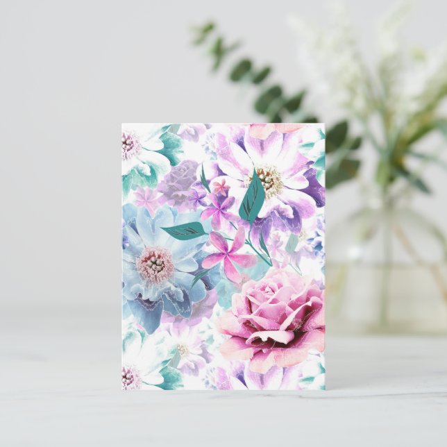 Carte Postale Aquarelle rose, fleurs bleues. (Debout devant)