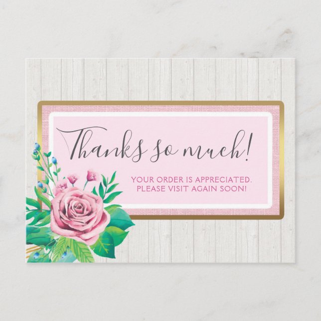 Carte Postale Aquarelle Rose & Merci Rustique en bois rose (Devant)