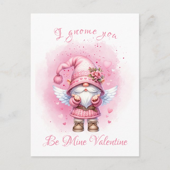 Carte Postale Aquarelle rose mignonne Gnome Saint-Valentin (Devant)