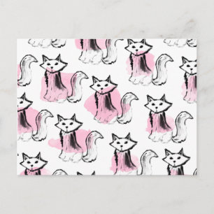 Carte Postale Aquarelle rose mignonne noir brosses chats tendanc