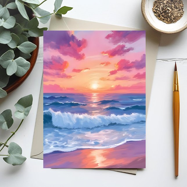 Carte Postale Aquarelle rose Ocean Waves Sunset (Créateur téléchargé)