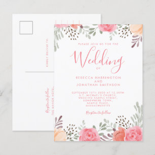 Carte Postale Aquarelle rose pâle Floral Rose Mariage Inviter