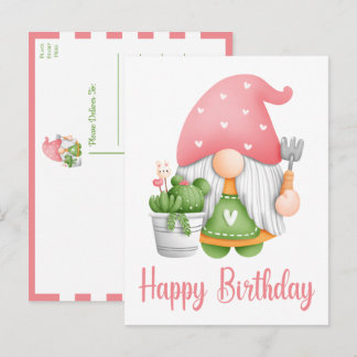 Carte Postale Aquarelle rose pâle Jardin Gnome Anniversaire
