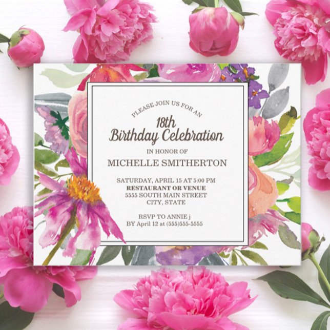 Carte Postale Aquarelle rose pourpre Floral 18e fête d'anniversa (Pink and purple watercolor wildflowers 18th birthday postcard)