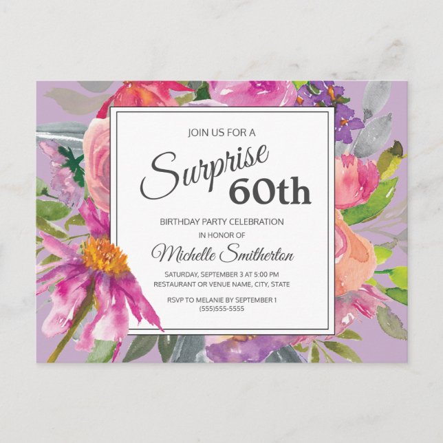 Carte Postale Aquarelle rose pourpre Floral 60e anniversaire (Devant)