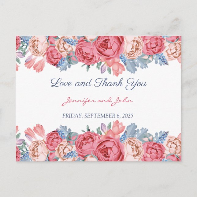 Carte Postale Aquarelle rose Roses Chic Merci Mariage (Devant)