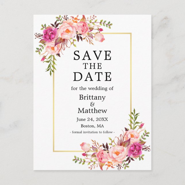 Carte Postale Aquarelle Rose Roses Or Cadre Enregistrer La Date (Devant)