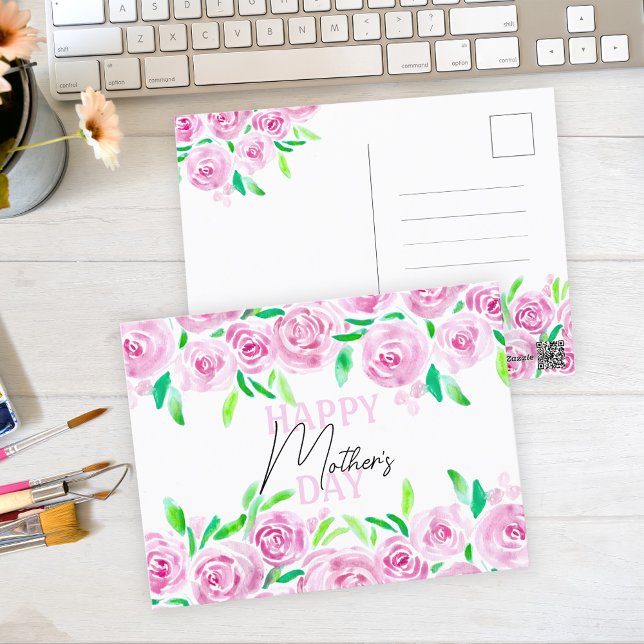 Carte Postale Aquarelle rose Roses Vert Feuille Fête des mères (Créateur téléchargé)