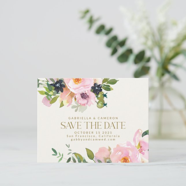 Carte Postale Aquarelle rose rustique florale Enregistrer la dat (Debout devant)