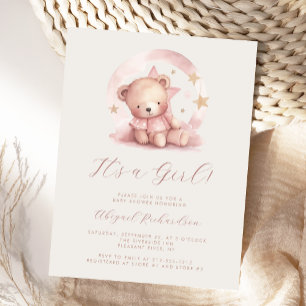 Carte Postale Aquarelle rose Teddy Bear Girl Baby shower