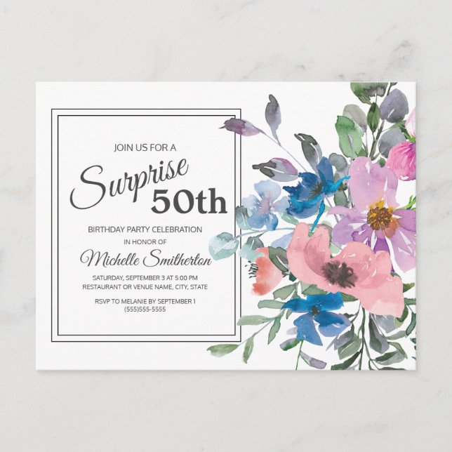 Carte Postale Aquarelle rose violet 50e anniversaire Floral (Devant)